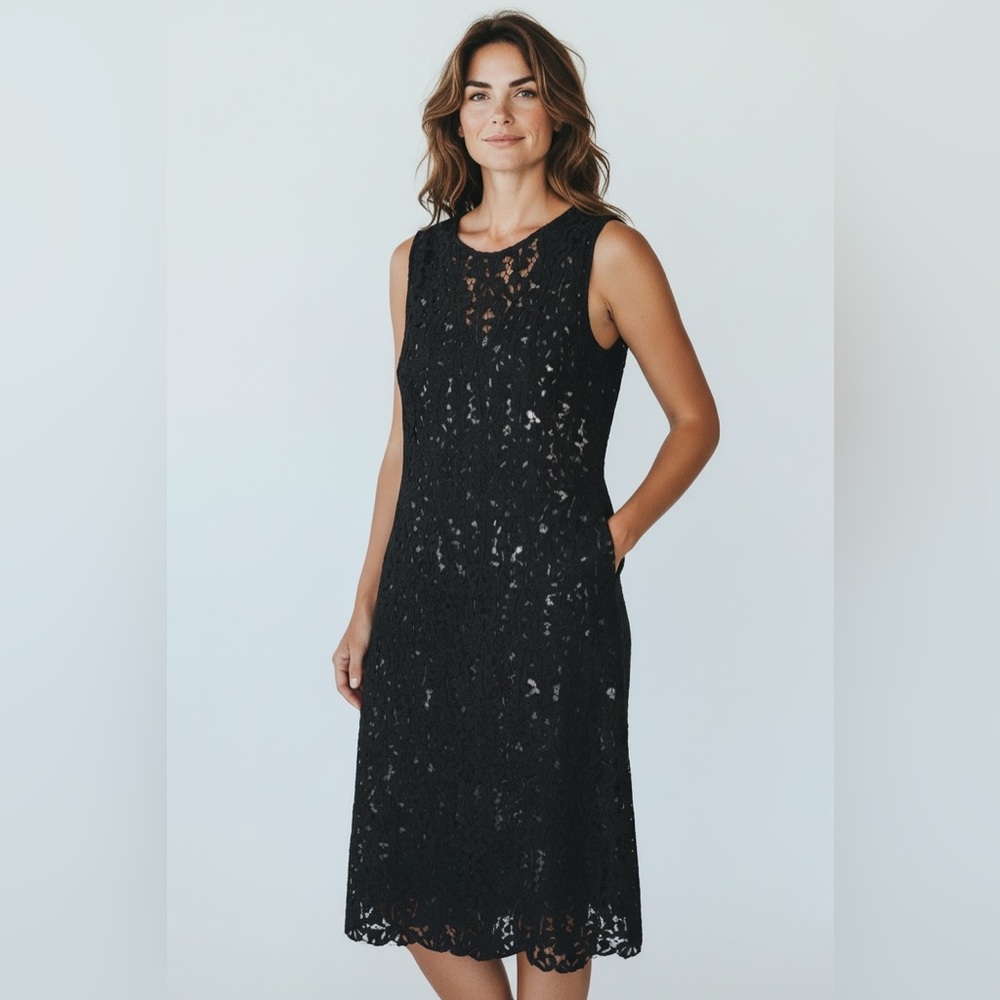 VERONIKA MAINE Black Guipure Lace Sleeveless Midi Dress sz 8 Made in Australia